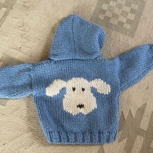 Hand knit blue with dog hooded cardigan 100% cotton